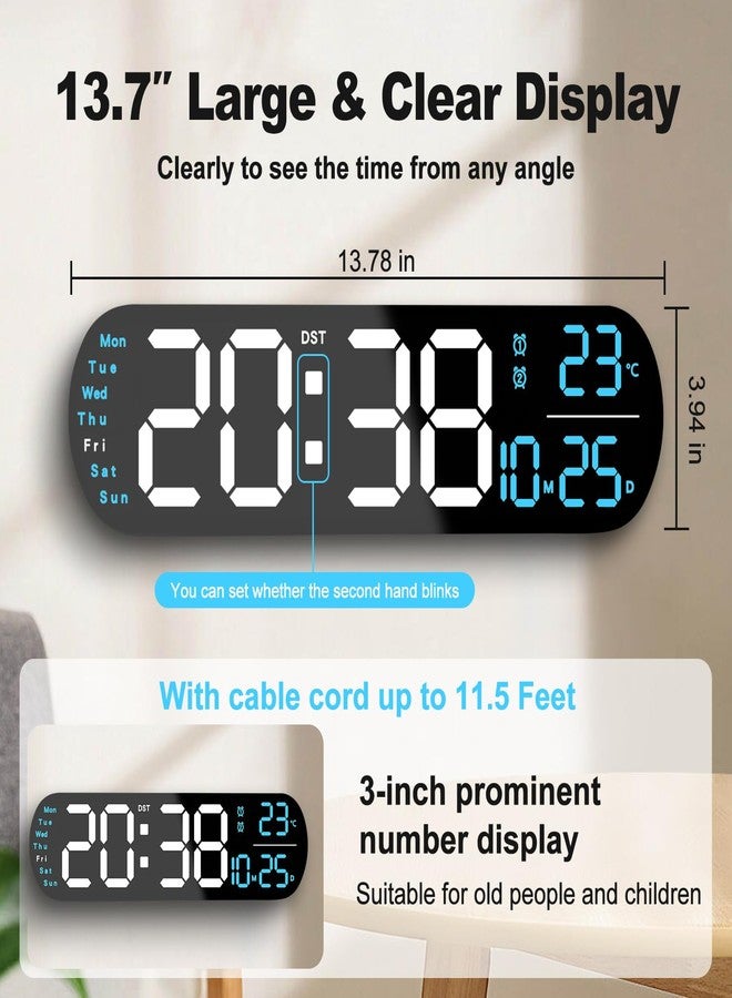 YUANRANER Plastic 13.7" Digital Wall Clock Large Display with Remote Control,Dual Alarm,Auto-Dimming,Big Digits, DST Clock for Bedroom Living Room Decor with 9 Adjustable Ambient Night Lights-Blue - Image 2